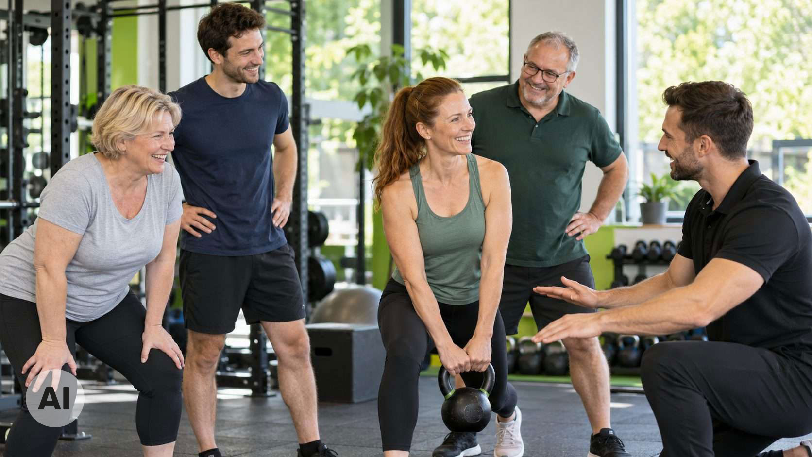 Mitarbeiter eines Unternehmens beim gemeinsamen Gesundheitstraining mit Trainer im Energeticum